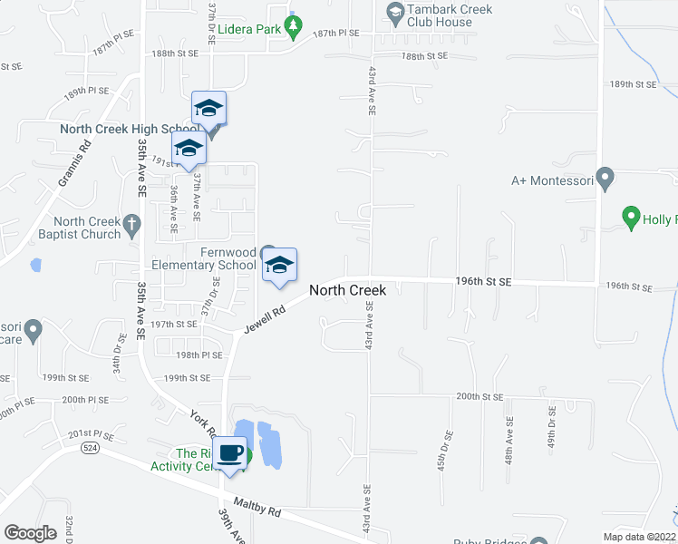 map of restaurants, bars, coffee shops, grocery stores, and more near 4119 Jewell Road in Bothell