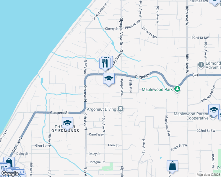 map of restaurants, bars, coffee shops, grocery stores, and more near 1215 Olympic Avenue in Edmonds