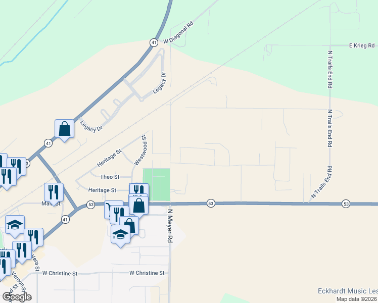 map of restaurants, bars, coffee shops, grocery stores, and more near 16262-16630 North Meyer Road in Rathdrum