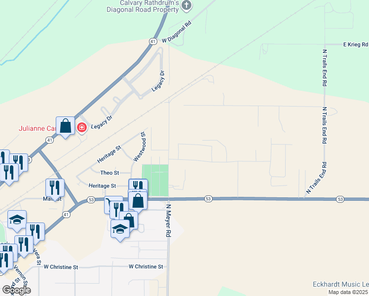 map of restaurants, bars, coffee shops, grocery stores, and more near 16262-16630 North Meyer Road in Rathdrum