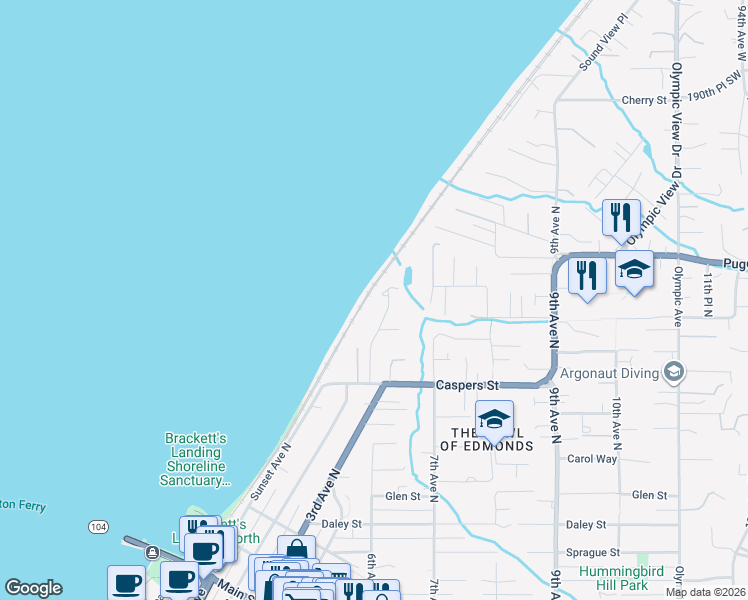 map of restaurants, bars, coffee shops, grocery stores, and more near 911 Cary Road in Edmonds