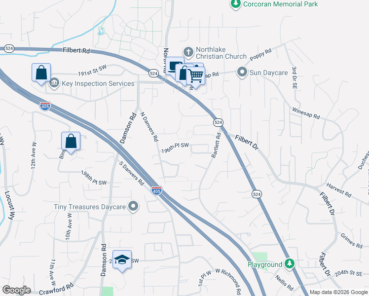 map of restaurants, bars, coffee shops, grocery stores, and more near 19628 2nd Place West in Bothell
