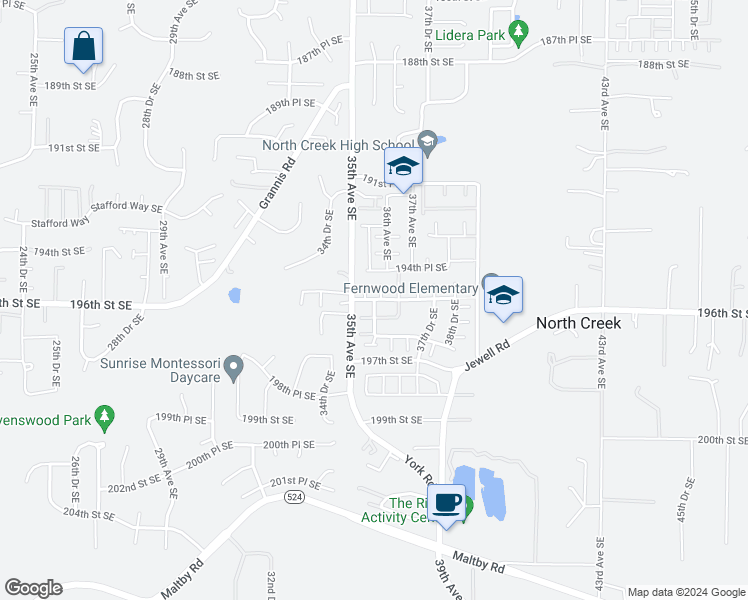 map of restaurants, bars, coffee shops, grocery stores, and more near 16410 35th Drive Southeast in Bothell
