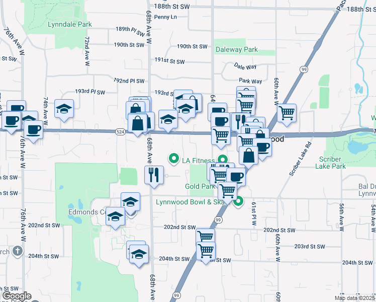 map of restaurants, bars, coffee shops, grocery stores, and more near 6520 196th Street Southwest in Lynnwood