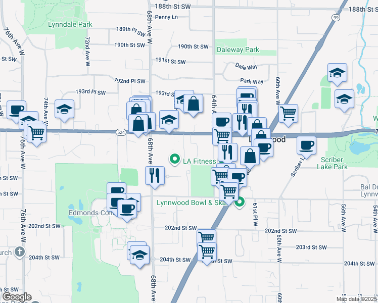 map of restaurants, bars, coffee shops, grocery stores, and more near 6520 196th Street Southwest in Lynnwood