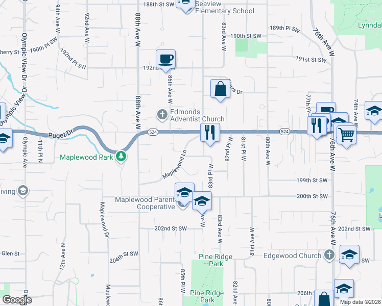 map of restaurants, bars, coffee shops, grocery stores, and more near 8423 198th Street Southwest in Edmonds