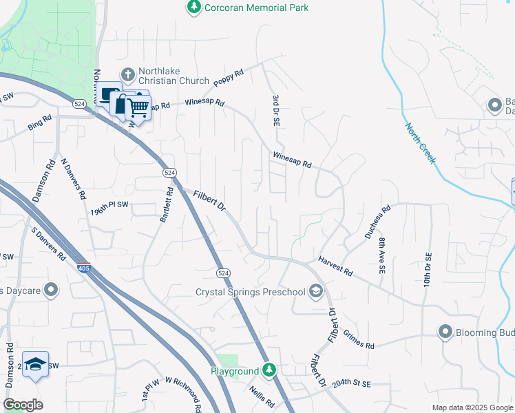 map of restaurants, bars, coffee shops, grocery stores, and more near 19601 2nd Avenue Southeast in Bothell