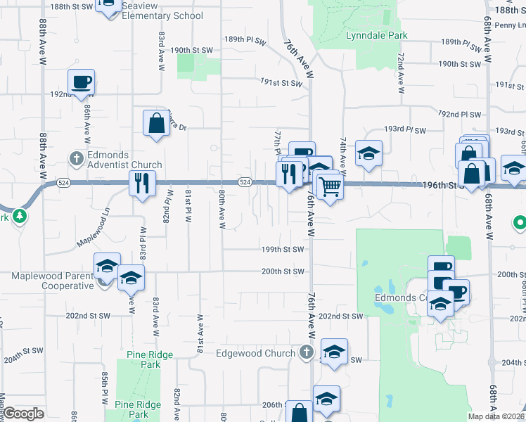map of restaurants, bars, coffee shops, grocery stores, and more near 7806 196th Street Southwest in Edmonds