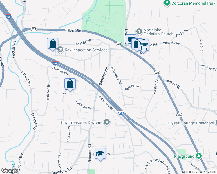 map of restaurants, bars, coffee shops, grocery stores, and more near 19529 Damson Road in Lynnwood