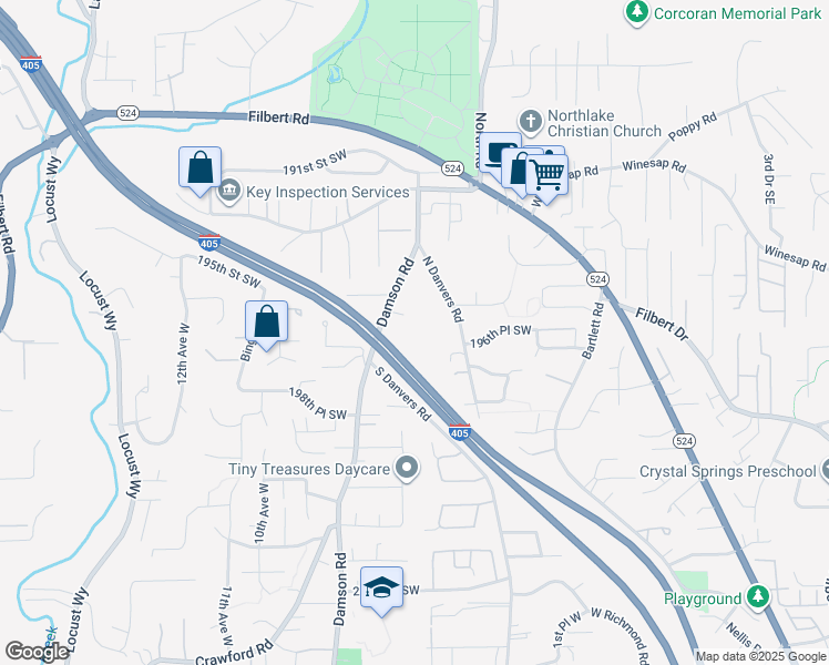 map of restaurants, bars, coffee shops, grocery stores, and more near 19529 Damson Road in Lynnwood