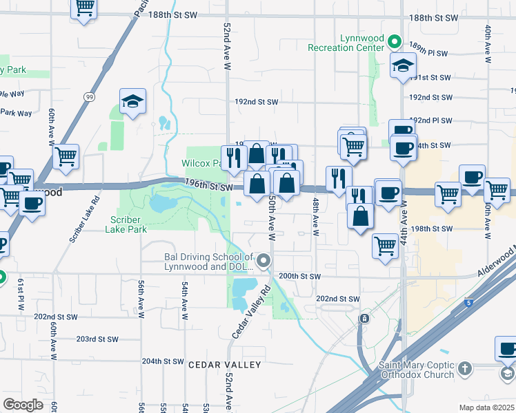 map of restaurants, bars, coffee shops, grocery stores, and more near 5026 196th Street Southwest in Lynnwood