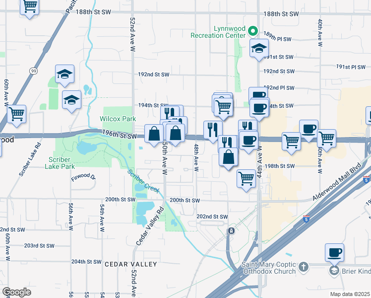 map of restaurants, bars, coffee shops, grocery stores, and more near in Lynnwood