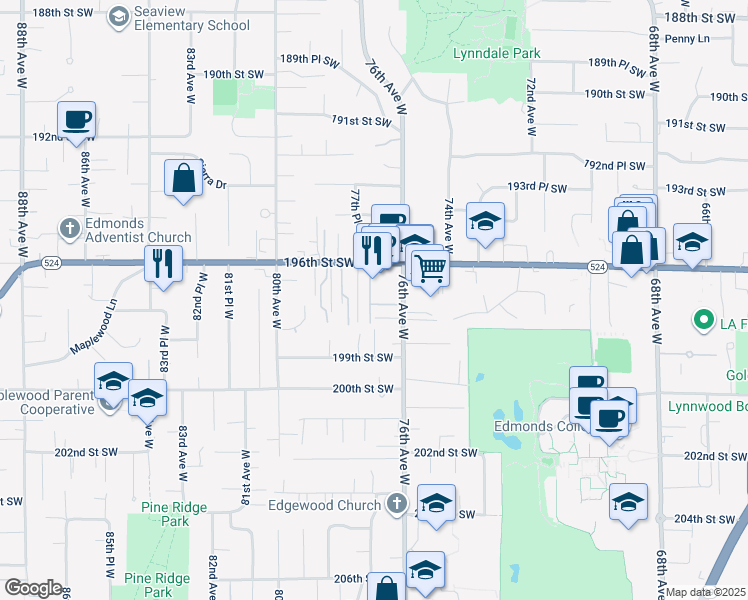 map of restaurants, bars, coffee shops, grocery stores, and more near 19718 76th Avenue West in Brier