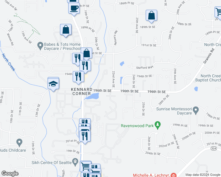 map of restaurants, bars, coffee shops, grocery stores, and more near 2200 196th Street Southeast in Bothell
