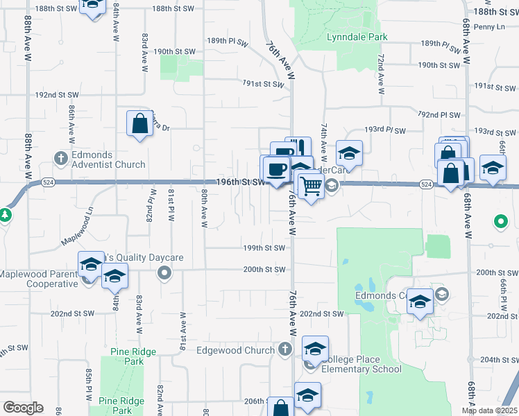map of restaurants, bars, coffee shops, grocery stores, and more near 7806 196th Street Southwest in Edmonds