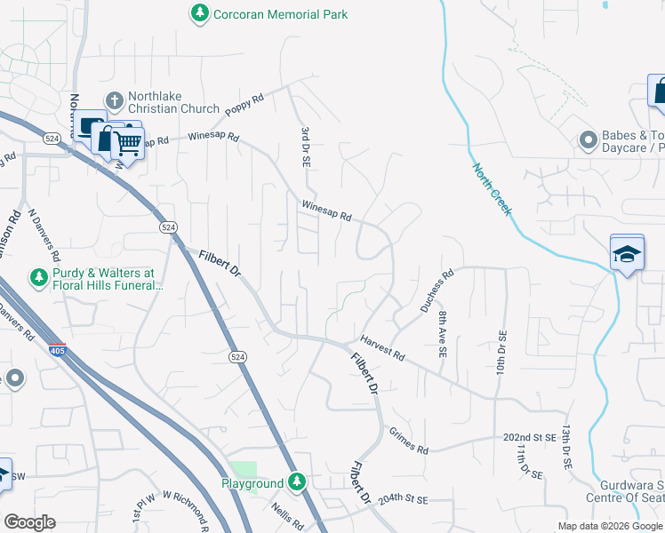 map of restaurants, bars, coffee shops, grocery stores, and more near 19518 4th Drive Southeast in Bothell