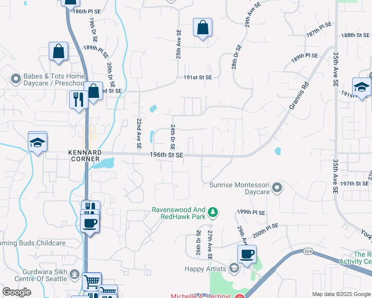 map of restaurants, bars, coffee shops, grocery stores, and more near 19603 25th Drive Southeast in Bothell