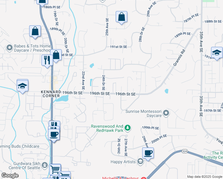 map of restaurants, bars, coffee shops, grocery stores, and more near 19603 25th Drive Southeast in Bothell