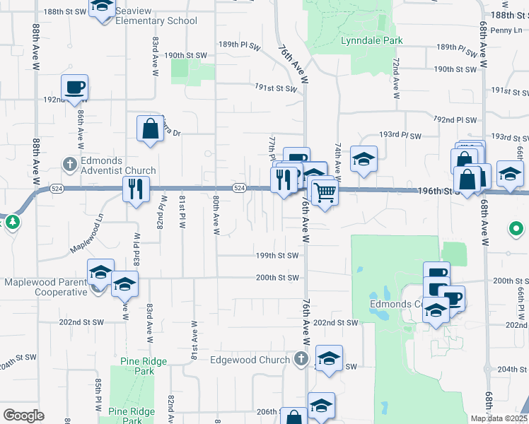 map of restaurants, bars, coffee shops, grocery stores, and more near 7806 196th Street Southwest in Edmonds