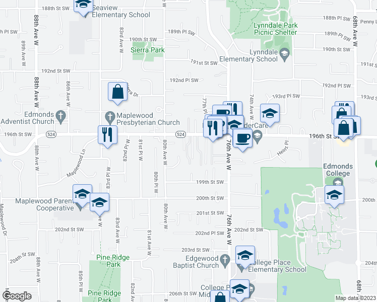 map of restaurants, bars, coffee shops, grocery stores, and more near 7914 198th Street Southwest in Edmonds