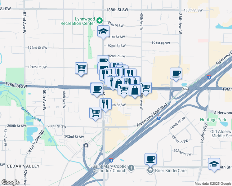 map of restaurants, bars, coffee shops, grocery stores, and more near 4303 198th St SW in Lynnwood
