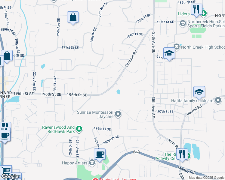 map of restaurants, bars, coffee shops, grocery stores, and more near 19505 Grannis Road in Bothell