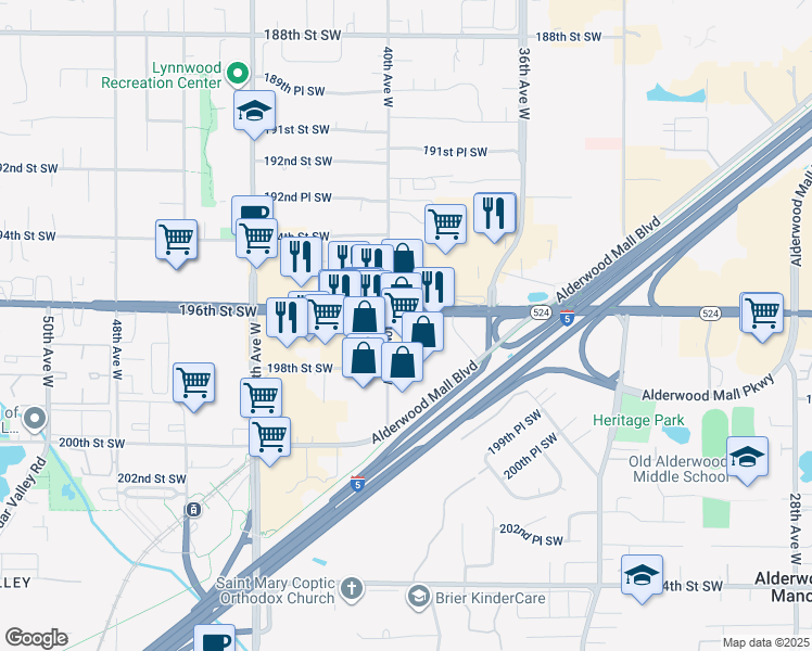 map of restaurants, bars, coffee shops, grocery stores, and more near 19725 40th Avenue West in Lynnwood