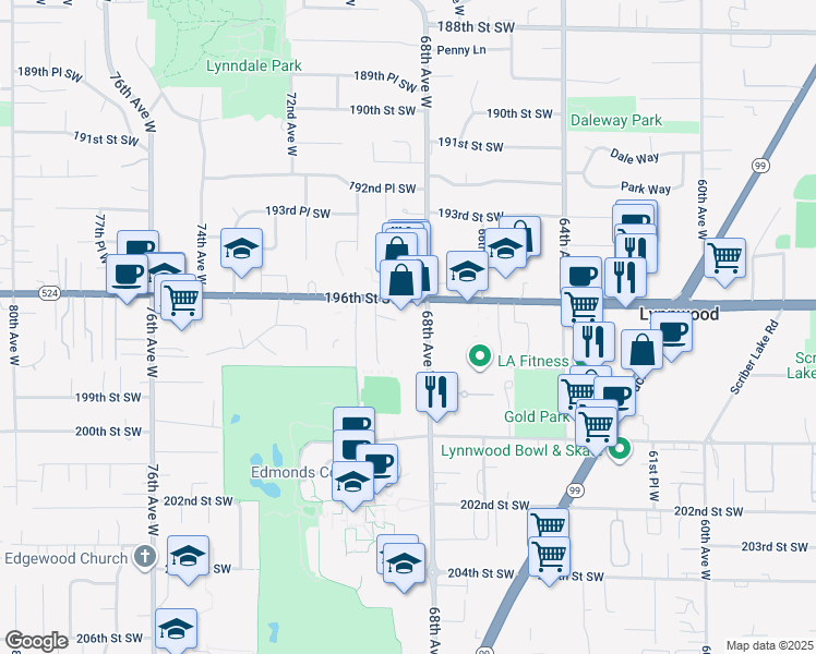 map of restaurants, bars, coffee shops, grocery stores, and more near 19715 69th Place West in Lynnwood