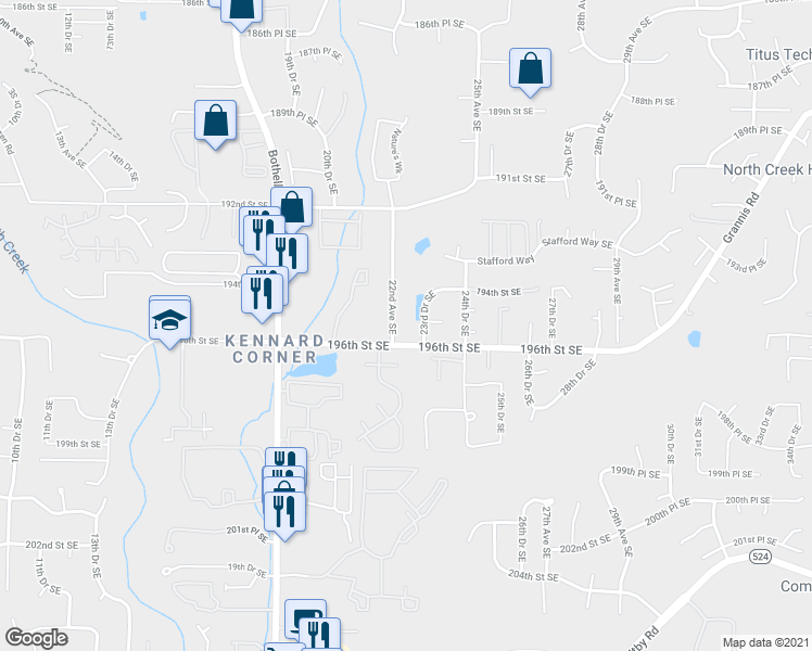 map of restaurants, bars, coffee shops, grocery stores, and more near 2311 196th Place Southeast in Bothell