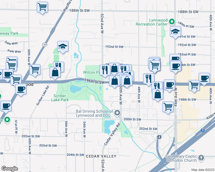 map of restaurants, bars, coffee shops, grocery stores, and more near 5117 196th Street Southwest in Lynnwood