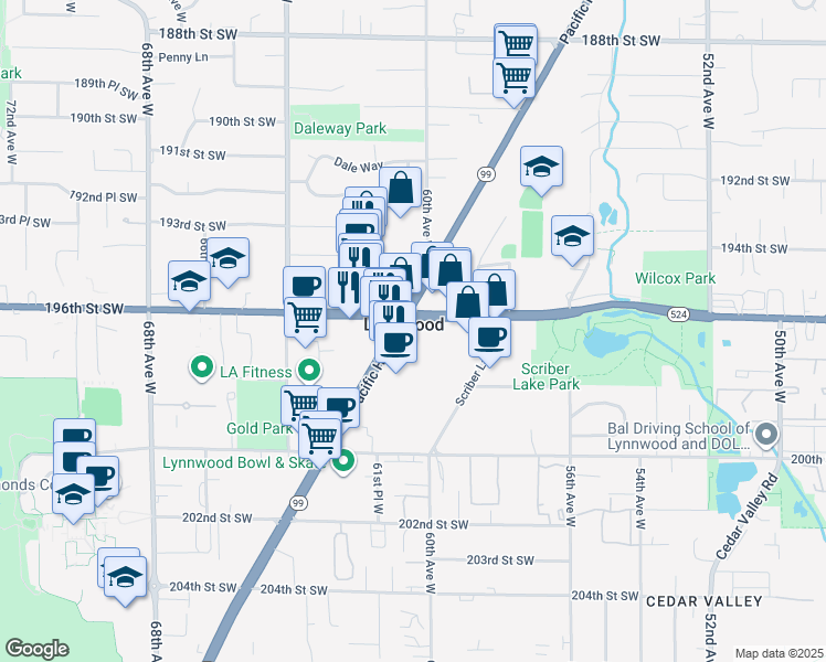 map of restaurants, bars, coffee shops, grocery stores, and more near 19615 Pacific Highway in Lynnwood