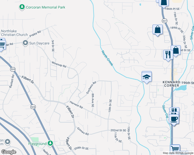 map of restaurants, bars, coffee shops, grocery stores, and more near 821 Duchess Road in Bothell
