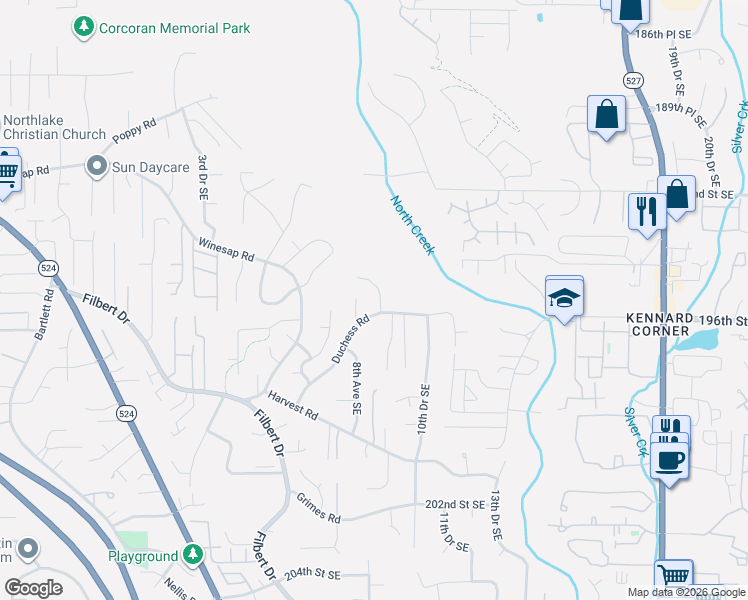map of restaurants, bars, coffee shops, grocery stores, and more near 821 Duchess Road in Bothell