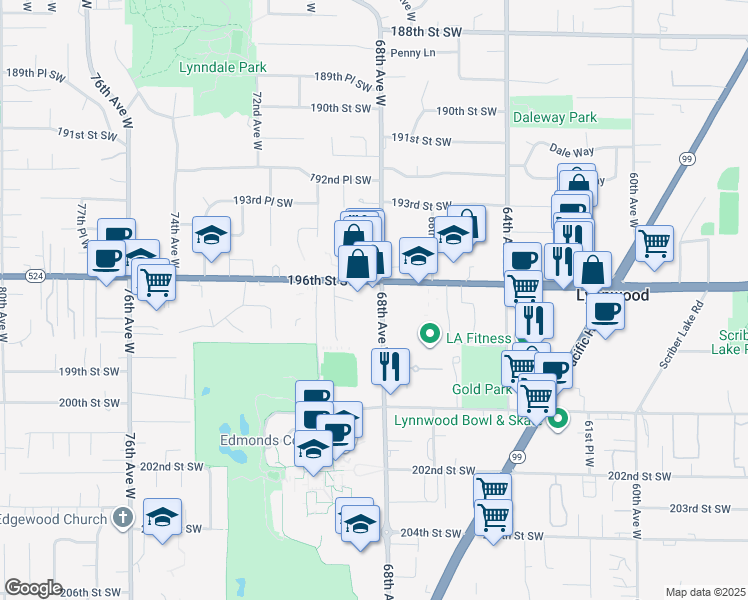 map of restaurants, bars, coffee shops, grocery stores, and more near 6808 196th Street Southwest in Lynnwood