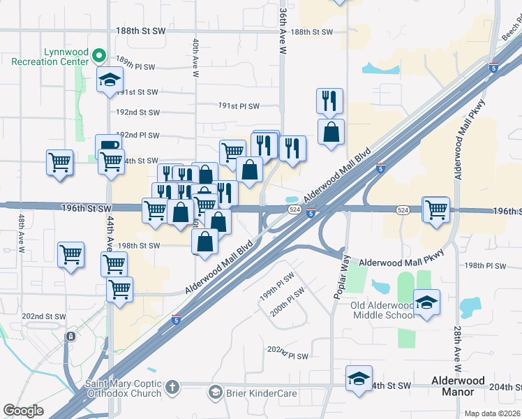 map of restaurants, bars, coffee shops, grocery stores, and more near 36th Ave W & 196th St SW in Lynnwood