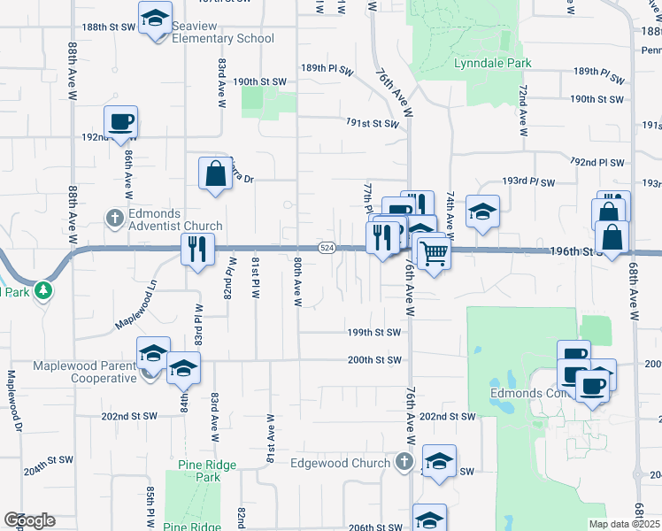 map of restaurants, bars, coffee shops, grocery stores, and more near 7831 196th Street Southwest in Edmonds