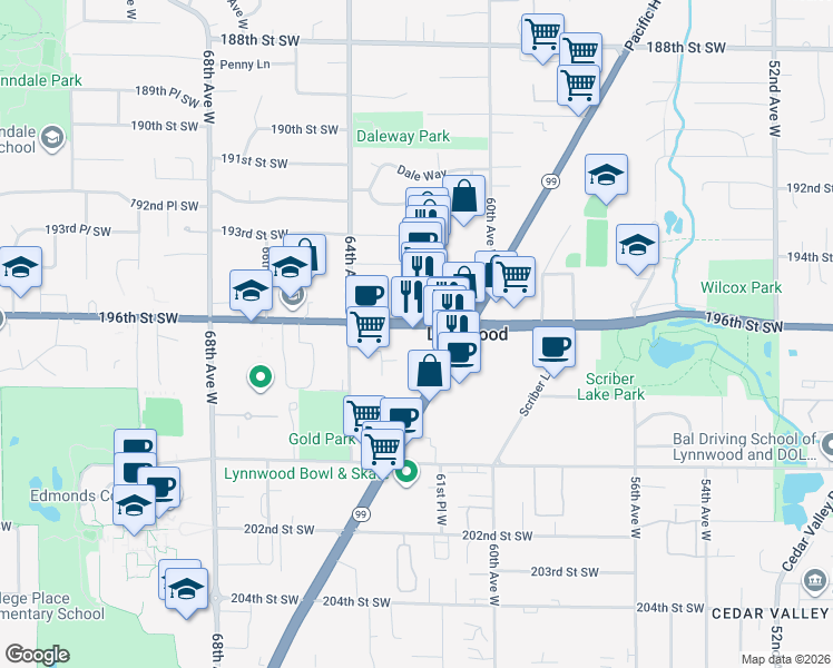 map of restaurants, bars, coffee shops, grocery stores, and more near 6208 196th Street Southwest in Lynnwood