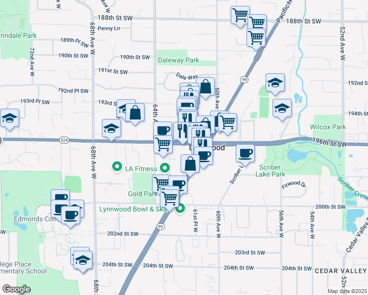 map of restaurants, bars, coffee shops, grocery stores, and more near 6208 196th Street Southwest in Lynnwood
