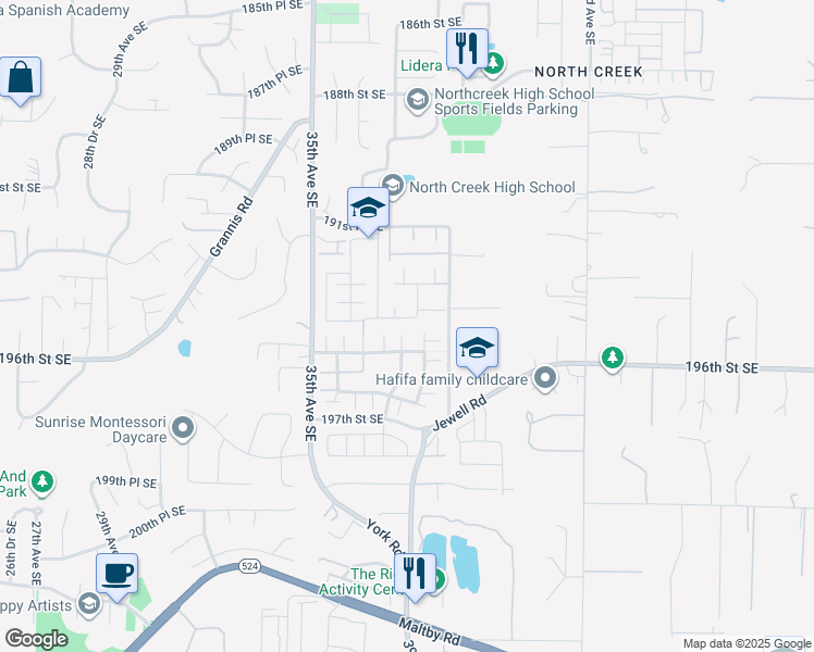 map of restaurants, bars, coffee shops, grocery stores, and more near 3717 194th Place Southeast in Mill Creek