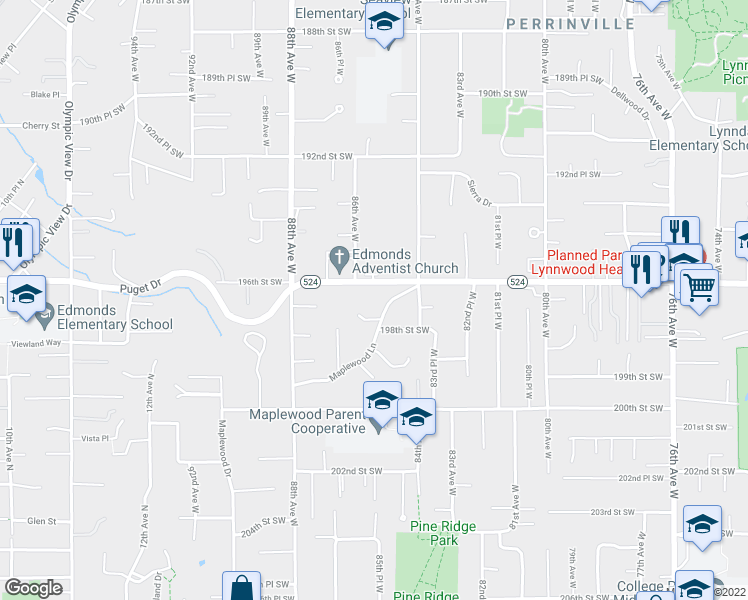 map of restaurants, bars, coffee shops, grocery stores, and more near 19525 86th Avenue West in Edmonds