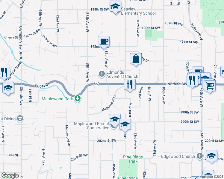 map of restaurants, bars, coffee shops, grocery stores, and more near 8516 196th Street Southwest in Edmonds