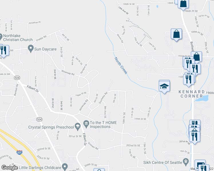 map of restaurants, bars, coffee shops, grocery stores, and more near 821 Duchess Road in Bothell