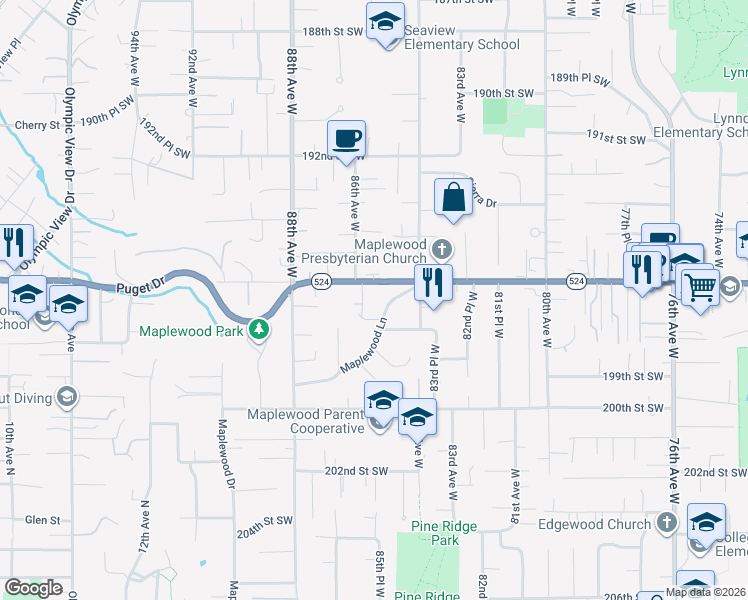 map of restaurants, bars, coffee shops, grocery stores, and more near 19525 86th Avenue West in Edmonds