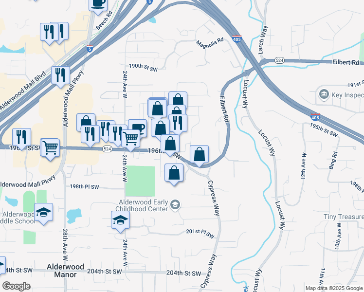 map of restaurants, bars, coffee shops, grocery stores, and more near 2027 196th Street Southwest in Lynnwood