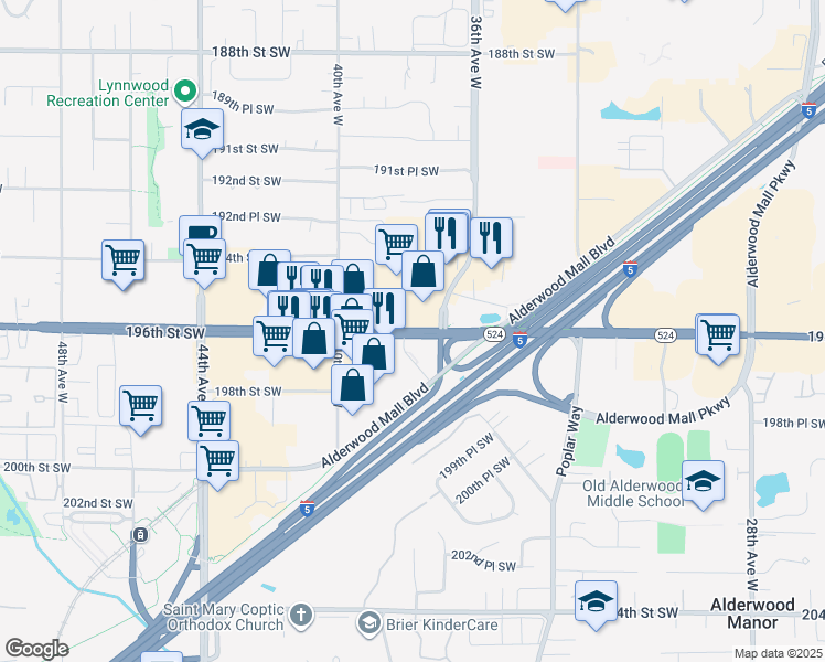 map of restaurants, bars, coffee shops, grocery stores, and more near 3805 196th Street Southwest in Lynnwood