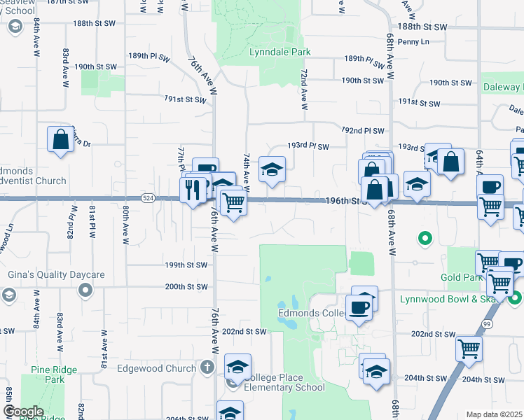 map of restaurants, bars, coffee shops, grocery stores, and more near 7326 196th Street Southwest in Lynnwood