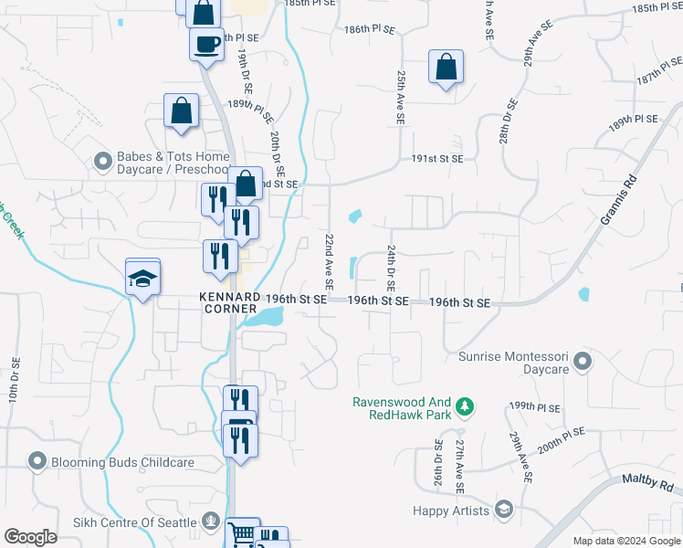 map of restaurants, bars, coffee shops, grocery stores, and more near 19405 22nd Avenue Southeast in Bothell