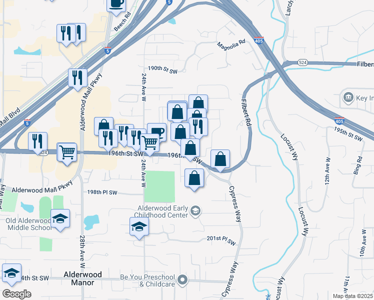 map of restaurants, bars, coffee shops, grocery stores, and more near 19510 21st Avenue West in Lynnwood