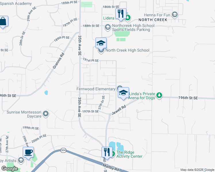 map of restaurants, bars, coffee shops, grocery stores, and more near 3717 194th Place Southeast in Mill Creek