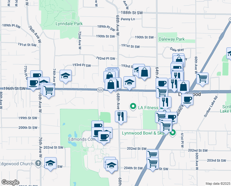 map of restaurants, bars, coffee shops, grocery stores, and more near 6808 196th Street Southwest in Lynnwood